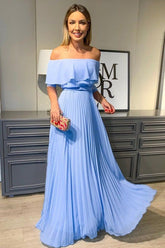 Elegant A-line Off the Shoulder Chiffon Long Prom Dresses Blue Formal Dresses